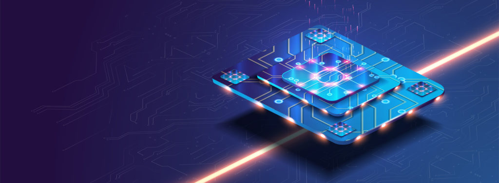 Futuristic microchip processor with lights on the blue background.