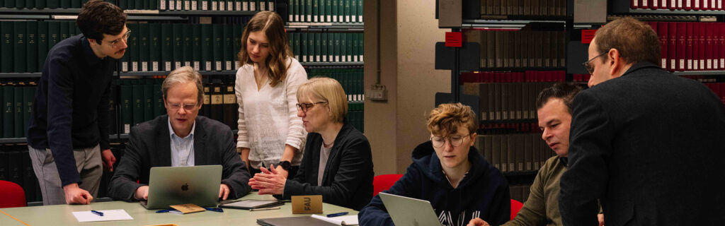 People in a a library.