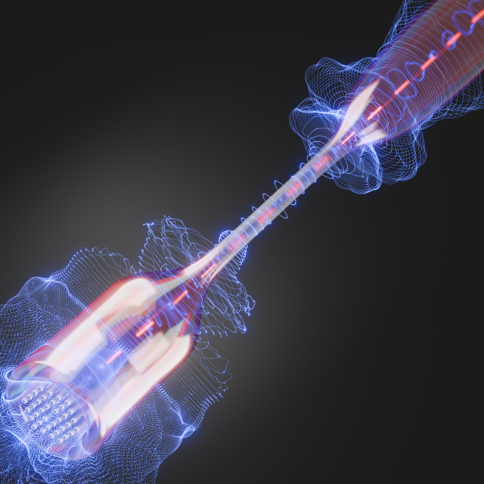 Artist’s impression of cooled acoustic waves in an optical fiber taper (© Long Huy Dao)